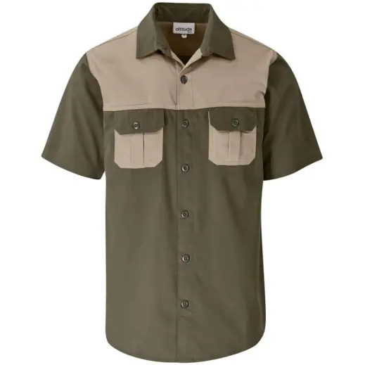 Mens Short Sleeve Serengeti 2-Tone Bush Shirt Military Green Front
